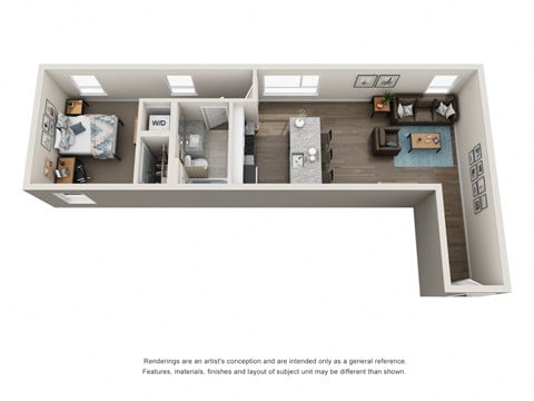 Floor plan for 1 bed, 1 bath, 715 sqft